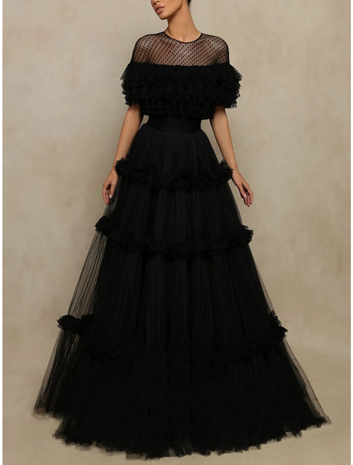 Vestidos de fiesta de corte A, elegantes, formales, largos hasta el suelo, manga corta, cuello joya, tul con pliegues y volantes